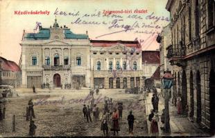 1909 Kézdivásárhely, Targu Secuiesc; Zsigmond tér, Jancsó szálloda, Rezer Gyula üzlete, piac. Gyárfás Károly kiadása / square, hotel, shops, market (EK)