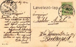 1907 Nagyvárad, Oradea; Fő utca belseje, villamos és N.V.V. megállóhely, Erődi H. cukrászata, Oláh F...