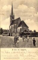 1904 Dés, Dej; Református templom, Glasner Katalin üzlete. Gálócsi Samu kiadása / Calvinist church, shop