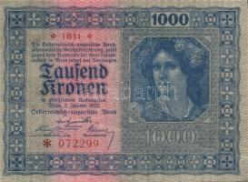 Ausztria / Osztrák-Magyar Bank 1922. 1000K (2x) kis ugrású sorszámokkal T:I-