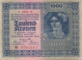 Ausztria / Osztrák-Magyar Bank 1922. 1000K (2x) kis ugrású sorszámokkal T:I-