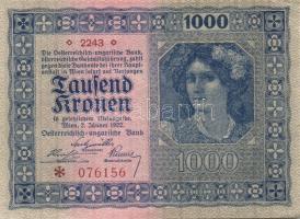Ausztria / Osztrák-Magyar Bank 1922. 1000K (2x) kis ugrású sorszámokkal T:I-