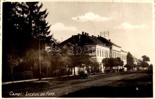 1940 Nagykároly, Carei; leány iskola / Liceul de fete / girl school, automobile. photo + &quot;1940 Nagykároly visszatért&quot; So. Stpl (fl)