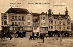 1914 Szatmárnémeti, Satu Mare; Deák tér, Városi bérpalota, Ösztreicher palota, Fonciere pesti biztosító intézet főügynöksége, Borgida Miklós, Weisz Izsák, Perlstein Ignác, Fried Salamon üzlete, Közvetítő bank, Szalon kávéház. Weisz Zoltán kiadása / square, palaces, shops, cafe, insurance company, bank