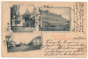 1900 Zsombolya, Hatzfeld, Jimbolia; Remete lak, Községi bérház, Fő utca, üzletek. Manzin és Ferch kiadása / shops, main street, villa. Art Nouveau, floral