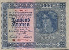 Ausztria / Osztrák-Magyar Bank 1922. 1000K (2x) kis ugrású sorszámokkal T:I