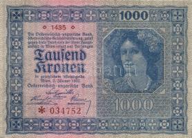 Ausztria / Osztrák-Magyar Bank 1922. 1000K (2x) kis ugrású sorszámokkal T:I