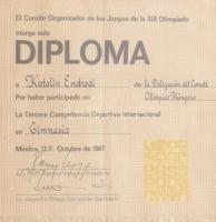 1964-67 Endrődi Katalin válogatott tornász, olimpikon 2 db "diplomája": 1967 október, Mexi...