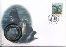 Falkland-szigetek DN (1991) "A Világ Vadvédelmi Alap (WWF) 30. évfordulója - Otaria Flavescens (Dél-amerikai oroszlánfóka)" kétoldalas fém emlékérem érmés borítékban, bélyeggel és bélyegzéssel, német nyelvű ismertetővel T:PP  Falkland Islands ND (1991) "30th Anniversary of the World Wildlife Fund - Otaria Flavescens" two-sided metal commemorative medallion in envelope with stamp and cancellation, with German description C:PP