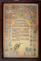 1925 Győzelmi fegyverünk. Az Országos Magyar Hadimúzeum Egyesület által kiadott, névre szóló "Nemzeti Ereklye" tanúsítvány (rezegei Bereghy Barna részére), a történelmi Magyarország valamennyi vármegyéjének kézzel rajzolt címerével és az összes vármegyéből származó földet tartalmazó ércbullával, kissé sérült . üvegezett fa keretben, paszpartuban, 39×25 cm.