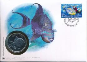 Barbados DN (1991) "A Világ Vadvédelmi Alap (WWF) 30. évfordulója - Balistes Vetula" kétoldalas fém emlékérem érmés borítékban, bélyeggel és bélyegzéssel, német nyelvű ismertetővel T:PP  Barbados ND (1991) "30th Anniversary of the World Wildlife Fund - Balistes Vetula" two-sided metal commemorative medallion in envelope with stamp and cancellation, with German description C:PP