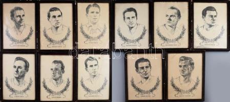 1953 Aranycsapat tagjainak arcképe, Puskás Ferenc, Bozsik József, Budai II. László, Buzánszky Jenő, Czibor Zoltán, Grosits Gyula, Hidegkuti Nándor, Lantos Mihály, Lóránt Gyula, Kocsis Sándor, Zakariás József, korabeli offszet nyomatok, papír, üvegezett fa keretekben, változó állapotban, többnyire foltosak, és köztük sérült keretek is, 28,5x20 cm