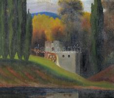 Olvashatatlan jelzéssel (balra lent): Vízparti táj. Olaj, vászon, sérült. 61x77 cm