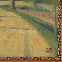 HA jelzéssel: Napfényes táj. Olaj, karton. Dekoratív, sérült fakeretben. 70x53 cm