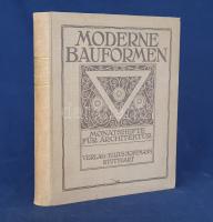 Moderne Bauformen. Monatshefte für Architektur und Raumkunst. Herausgegeben von Julius Hoffmann. XXV. Jahrgang (1926) [Teljes évfolyam, egybekötve.] Stuttgart, 1926. Verlag Julius Hoffmann (Druck der Hoffmannschen Buchdruckerei Felix Krais in Stuttgart). [8] + 472 p. + 56 t. (48 színes). Julius Hoffmann modernista építészeti, belsőépítészeti, urbanisztikai és iparművészeti képes havi folyóirata 1902-1944 között jelent meg, oldalszámozáson belül rövidebb építészeti cikkekkel és igen gazdag fotóanyaggal. 1926. évi lapszámaink döntően a Bauhaus irányzatába sorolható megvalósított és megvalósításra váró terveket közöl, számos esetben alaprajzzal kiegészítve. A képanyag tekintélyes hányada épület-enteriőröket: lépcsőházakat, szalonokat, tágas, nap járta irodabelsőket, tárgyalókat, lakásbelsőket jelenít meg, időről időre városközpont-tervekkel, ipari és szórakoztatóipari tervekkel kiegészítve. A színes táblákon a modernista építészet bizonyos elveihez vezető XVIII-XIX. századi bútorarchitektúra kiemelt darabjai. A képanyag túlnyomó része Bécsben és Stuttgartban készült. Aranyozott gerincű, illusztrált kiadói egészvászon kötésben. Jó példány.