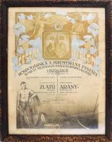 1922 Kassa (Kosice/Kaschau), A Kassai Mezőgazdasági és Iparkiállítás magyar - szlovák nyelvű oklevele aranyérem odaítéléséről a Pásztor és Társai cégnak. ("A bemutatott számos találmány között nem utolsó a Pásztor és Társai lemez- és lakatosműhelyének szabóvasalója, amely állandó és egyenletes meleget biztosít a szabóknak, akinek munkáját ezzel roppant megkönnyíti.", Kassai Ujság, 19222.09.13., 3. old.) A kiállítás végrehajtó bizottságának elnöke, alelnöke, és titkára aláírásaival. Nagyméretű díszes színes litografált, aranyozott grafikával, közpépen a kassai dómmal. Üvegezett fa keretben, kopott kerettel, foltos, 55x41 cm