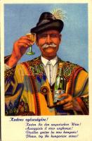 Kedves egészségére! Magyar bor reklámlap, folklór. Klösz György és Fia / Hungarian wine advertisement propaganda, folklore s: Pálinkás Gy. + "IV. NEMZETKÖZI SPORTHÉT A BALATONON 1940 BALATONFÜREDFÜRDŐ" So. Stpl. (EK)