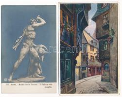 21 db RÉGI művész motívum képeslap vegyes minőségben / 21 pre-1945 art motive postcards in mixed qua...