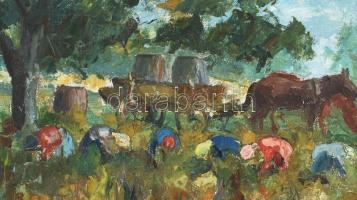Baky Győző (1902-1972): Szüretelők. Olaj, vászon. Jelzés nélkül. Dekoratív fakeretben. 30,5x36 cm