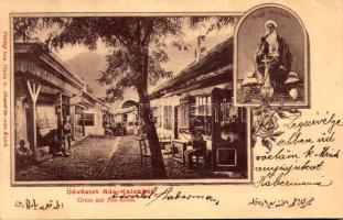 1906 Ada Kaleh, utca, török üzlet, bazár, Bego Mustafa. Hairy u. Ahmed kiadása / street view, Turkish bazaar shop. Art Nouveau, floral