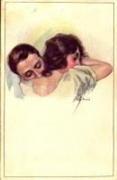 Italian lady art postcard, romantic couple. Anna & Gasparini 443-3. s: Valery (fl)