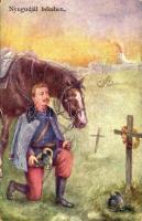 1915 Nyugodjál békében / WWI Austro-Hungarian K.u.K. military art postcard, soldier with horse by his comrade's grave (EK)