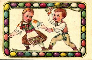 Csehszlovák húsvéti üdvözlet, folklór / Children art postcard, Czechoslovakian folklore, Easter gree...