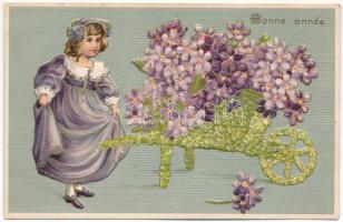 Bonne année / New Year greeting art postcard with girl and flowers. Emb. litho (lyuk / pinhole)