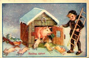 Boldog Újévet / New Year greeting art postcard with chimney sweeper, pigs, horseshoe and clovers (EK)