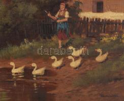 Barsi B jelzéssel: Libapásztolány. Olaj, vászon. Sérült. Dekoratív, kissé sérült fakeretben. 60×80 c...