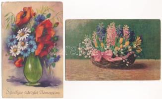 21 db RÉGI virágos üdvözlő motívum képeslap vegyes minőségben / 21 pre-1945 flower greeting motive p...