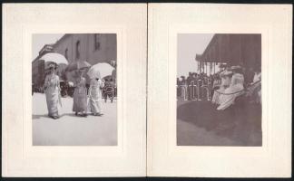 cca 1902 Budapest, szórakozó hölgyek fotó, az egyik fotón a lovaregyleti tagk tribünjével a Királydíjon (1902. május. 11), a másik fotón a Kossuth Lajos utcában sétálgatva, oldalt belvárosi ferences templommal (1902 V. 29.), a hátoldalakon feliratozva, 2 db fotó kartonon, 10x7 cmx2