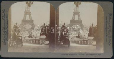 1900 Párizsi Expo, világkiállítás az Eiffel toronnyal Keményhátú sztereofotó 17x9 cm