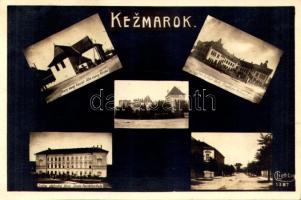 1927 Késmárk, Kezmarok; Régi evangélikus fatemplom, Thököly vár, iskolák, utca / old Lutheran wooden church, castle, shools, street