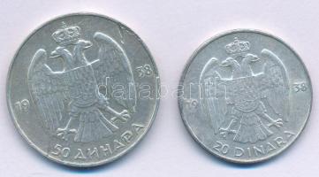 Jugoszlávia 1938. 20D Ag "II. Péter" + 1938. 50D Ag "II. Péter" T:XF karc 
Yugo...