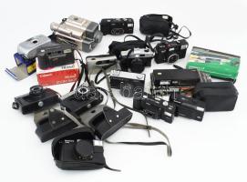 16 darabos érdekes fényképezőgép tétel, közte Edixa Flash 100, Hanimex 110IF, Charman M-102, Porst 135 AE, Hanimex AF Super, Mamiya 135EF, Belomo Vilia, Wizen 850S, Ricoh 35 EFS, Braun Candy-2. Egy részük tokjában.