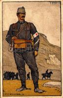 1916 Feldpostkarte Schweizerische Grenzbesetzung. Sanitäts-Gefreiter-Appointé Sanitaire. Graph. Wekrstatten Gebr. Fretz / WWI Swiss military art postcard, field medic s: E. E. Schlatter (Rb)