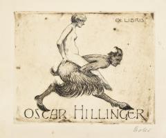 Erler, Georg Oskar (1871-1950): Ex libris Oscar Hillinger, 1910-1920 körül. Rézkarc, papír, jelzett, a lap egyik sarka kissé gyűrött, 11,5x14,5 cm.