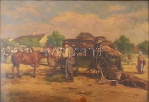 Rosenmayer Ferenc (1864-1912): Vásári jelenet lovakkal. Olaj, falemez, jelzett. Antik, üvegezett fak...