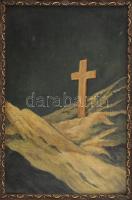 Jelzés nélkül, XX. sz. eleje: Hegyi kereszt. Olaj, vászon. Antik, dekoratív fakeretben, vakrámán Mee...