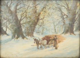 Gutaházy Németh Gyula (1892-1959): Lovasszekér az erdőben. Olaj, karton, jelezve balra lent. Dekorat...