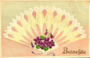 Bonne fete / Dombornyomott legyezőmintás üdvözlőlap / Embossed greeting card with fan, litho (fl)