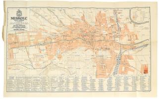 1928 Miskolc thjf. város térképe. Tervezték: Szűcs Sándor és Dr. Vigyázó János, készítette: Tóvári János. 1 : 10.000. Bp., Turistaság és Alpinizmus kiadása (M. kir. állami ny.), szép állapotban 73x45 cm