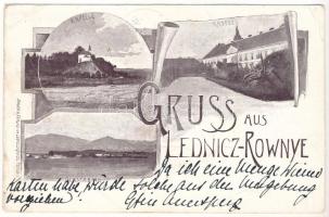 1898 (Vorläufer) Lednicróna, Lednicz-Rovne, Lednicz-Rownye, Lednické Rovne; Kapelle, Kastell, Glasfabrik / Kápolna, Rákóczi kastély, üveggyár / chapel, castle, glassworks, glass factory. Leopold Gansel Art Nouveau, floral (EB)