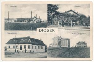 1928 Diószeg, Magyardiószeg, Diosek, Sládkovicovo; Cukrovár, Stanica, Obecny dom, Maria Umely Mlin / Cukorgyár, vasútállomás, városháza, Mária műmalom / sugar factory, railway station, town hall, mill (vágott sarkak / cut corners)