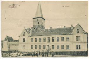 Muzsna, Szászmuzsna, Meschen, Mesindorf, Mojna, Mosna; Ev. Schule / Evangélikus iskola és templom. Karl R. Schmidt kiadása / Lutheran school and church (Rb)