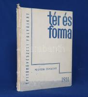 [Folyóirat] Tér és Forma. Építőművészeti folyóirat. Szerkesztik: Bierbauer Virgil és Komor János. Negyedik évfolyam (1931). [Teljes évfolyam, egybekötve.] Budapest, 1931. Vállalkozók Lapja (Biró Miklós Nyomda Rt.) [6] + 363 (helyesen 379) + [1] p. + 2 t. (egy színes, egy kihajtható). A Tér és Forma 1928-1948 között megjelenő magyar építészeti folyóirat, a modern magyar építészeti mozgalom első, egyben legfontosabb fóruma. A lap először 1926-ban jelent meg, akkor még a Vállalkozók Lapja ,,Tér és Forma című mellékleteként, amely lényegében nyolcoldalas képmelléklet volt az alapvetően szöveges folyóirathoz. A melléklet 1928 májusában vált önálló lappá. Bár eleinte foglalkozott a historizáló építészet produktumaival is, a Tér és Forma hamarosan a modernizmus elkötelezett, megalkuvást nem ismerő fórumává vált. Mint ilyen, rendszeresen bemutatta a neves külföldi modern építészek (például Le Corbusier) munkáit, de foglalkozott urbanisztikai kérdésekkel, kisarchitektúrával és belsőépítészettel, bútortervezéssel is. A lapszámokban igen gazdag képanyag található, homlokzati fotók, elkészült és tervben maradt alaprajzok, monumentális és emberi léptékű grafikai tervek egyaránt. Családi házakról és nyaralókról éppúgy találunk látványtervet és részletes alaprajzot, mint bérházakról, középületekről - a középületekbe a szanatóriumokat, kórházakat, templomokat, pályaudvarokat, iskolákat, uszodákat, stadionokat, városházakat és közparkokat is beleértve. Csaknem minden évfolyam foglalkozik grandiózus városrendezési tervekkel: évfolyamunk a Gellért- és Rudas-fürdők környékének rendezésével foglalkozik. A tartalomból: Hajós Alfréd: A margitszigeti Nemzeti Úszóstadion - Egilsee-lakótelep Baselben, 1930 - Komor János: Hogyan építünk, és hogyan kellene építeni a Balaton partján? - Korszerű budapesti villák. Kórody György és Miskolczy László tervei - Családi ház Budapesten, az Orsó uccában. Kozma Lajos műve - 30.000 voltos kapcsolóház a székesfőváros Elektromos Művei kelenföldi telepén. Tervezte Bierbauer Virgil - Háy Gyula: Uraságod szolgája: a gép (Automata büfék) - Weichinger Károly: A debreceni városháza. Egy tervpályázat és annak tanulságai - Műegyetemi diákotthon Breslauban - Bérházépítés Budapesten, A. D. 1931 (Felka ucca, Pannonia ucca, Logody ucca) - A Pasaréti úti kislakásos telep - A pesti izraelita hitközség Dohány uccai építkezése - A pesti izraelita hitközség fiúreálgimnáziuma és leánygimnáziuma - A Maglódi úti Horthy Miklós szeretetotthon. Tervezte Maróthy Kálmán - Új szükséglet + új szerkezet = új forma. Kozma Lajos bútorai. Az első előzéken régi tulajdonosi bélyegzés. Példányunk a folyóirat törzsanyagát hiánytalanul tartalmazza, a kapcsolódó, oldalszámozáson kívüli hirdetési anyagot nélkülözi. Poss: Enyedi Béla (1885-1945) mérnök, statikus, a vasbetonépítés egyik magyarországi úttörője. Feliratozott, hiányos gerincű kiadói egészvászon kötésben, az első kötéstábla alján halvány elszíneződéssel. Jó példány.