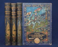 Tolnai: A világháború története 1914-1917. Diplomáciai okiratok, hivatalos jelentések, szemtanúk hiteles följegyzései és eredeti adatok nyomán írta Zigány Árpád. Több száz képpel, eredeti fölvételekkel és térképekkel. A Tolnai Világlapja ajándéka. I-III. kötet. Budapest, [1915-1917]. Magyar Kereskedelmi Közlöny Hírlap- és Könyvkiadóvállalat (Tolnai Világlapja ny.) 448 p.; 398 + [2] p.; 399 + [1] p. Első kiadás. Oldalszámozáson belül szövegközti és egész oldalas képekkel és rajzokkal, térképvázlatokkal rendkívül gazdagon illusztrált egykorú áttekintés. Az egykorú itt szigorúan értendő, hiszen a köteteket 1915, 1916 és az 1917. évben adták ki, a Tolnai Világlapja hazafias, ismeretterjesztő, díszes kiadású különmunkájaként. Az első előfizetési felhívásban (Tolnai Világlapja, 1915. májusi 27.) a kötetet csupán két kötetesre tervezték, és az oldalfejlécekben csakúgy, mint a képaláírásokban kiválóan tanulmányozható a világháborús részvétel elfogulatlanságra egyáltalán nem törekvő szemlélete: ,,Mennek a katonák. Szép szál legények, derék magyar fiúk mennek a hazát megmenteni. Szemükben a lelkesedés lángja. Vígan, harci dalokat énekelve, a királyt, a hazát éltetve, lélekemelő diadalmenetben utaznak.&quot; ,,Hős honvédjeink szilaj rohammal zúdulnak neki az orosz lövészároknak, és szuronnyal, puskatussal verik ki a rablóhordát hazánk földjéről.&quot; ,,A kárpáti harcokban foglyul ejtett oroszok. Vad, sunyi pofák, melyeken meglátszik, hogy a gazdájuk minden alávalóságra és gaztettre képes.&quot; ,,A németek nagyszerű rohama kiverte sáncaikból az angol, belga és francia katonákat. A legkisebb fáradtság nélkül, vidáman lakoznak most a győztes vitézek a kivert ellenség helyén. Egyikük túláradó jókedvében meglovagolja a francia ágyút.&quot;. Mindhárom kötet rendkívül sok háborús anekdotát közöl, az első kötetben a háború nagyszerű hősi kalandnak ígérkezik, az első borúsabb jelek a harmadik, záró kötetben jelentkeznek, ahol egyes képaláírásokban már megmutatkozik a háborús pusztítások értelmetlensége. A német és osztrák-magyar hadsereg vereségeiről nem sok szó esik, a központi hatalmak a klasszikus kultúra őrzőiként tűnnek fel, ezen belül pedig a magyar hadsereg küldetése a körülöttünk elhelyezkedő, Nagy-Szerbiáról, Nagy-Romániáról álmodozó államok elleni igazságos, védekező harc. Az antant hatalmaiban a hadi krónika szemlélete szerint a világ uzsorását, Angliát, a revánsvággyal tüzelt, de meglepően kulturálatlan és fölkészületlen Franciaországot, és a pánszláv terjeszkedés agresszív államát, Oroszországot kell megismernünk, akik a német-osztrák-magyar seregek ellen a világ minden tájáról hoznak katonákat, Szenegálból, Indiából, kirgiz, baskír területekről, és saját katonáik előtt ágyútölteléknek használják a gyarmati csapatokat. Mindenképpen emlékezetes a harmadik kötet egy képaláírása: ,,Angol páncélautó gépfegyverekkel. Esetlen, óriási géptömeg, mely lomhán, nehézkesen mozog, és nem nagyon vált be a flandriai harcokban.&quot; A légierő fegyvereinek méltatásának ugyanakkor a munka komoly figyelmet szentel, ahogyan a német (és kisebb részben a császári-királyi) katonai közigazgatás kulturális küldetésének is, miként az a 3. kötet egy képaláírásában olvasható: ,,Német iskola Brüsszelben. A ,,hunok és barbárok&quot;, ahogy a dühöngő entente-sajtó elnevezte a németeket, új kultúrát teremtenek az elpusztult helyébe, és a brüsszeli iskolában már német tisztek tanítják a belga gyerekeket.&quot; A szakmunka elvétve közöl az ellenfélről is meglepően emberi fényképeket, de az elegancia, a morál, a fegyelmezettség, a rátermettség világa a munka perspektívája szerint egyértelműen a központi hatalmak oldalán található. A világháború végkimenetelének ismeretében a képaláírások és a hangvétel mindenképpen groteszknek tűnik, ám megjegyzendő, hogy az ellenfél megbélyegzése és a saját hadak felmagasztalása, a tények torzítása, elhallgatása és az álhírek terjesztése valamennyi hadviselő fél sajtójának bevett eljárása volt. A szakmunkát a háború után, 1928-tól radikális átszerkesztés után 10 kötetes műként adták ki. Egységes, festett, aranyozott, vaknyomásos kiadói egészvászon kötésben. Szép példány.