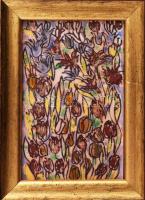 Glar? Margit: Virágoskert. Tűzzománc kép, dekoratív keretben, 14x9 cm, kerettel, 26x22 cm