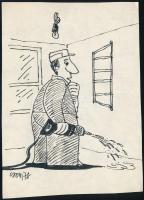 Csehi János (1952-1998): Vízipisztoly (karikatúra). Tus, papír, jelzett. 15×11 cm.